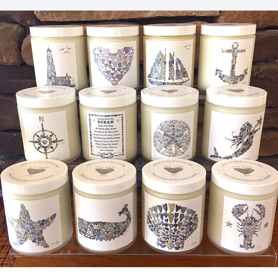 Sea love candles of art created with heart rocks from the Maine coast by Love Rocks Me