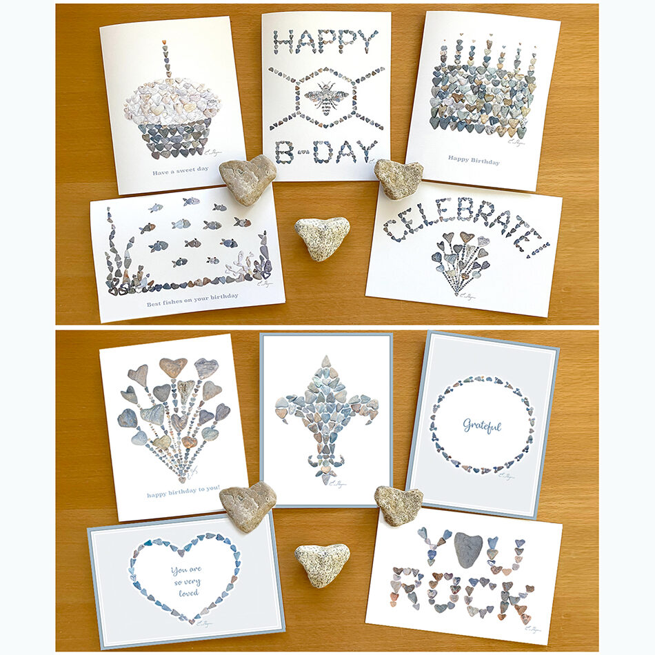 Note cards of art created with heart rocks from the Maine coast