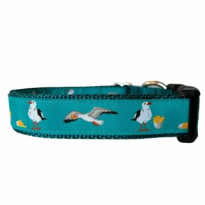 Nautical dog collar featuring teal background and seagulls with French fries 