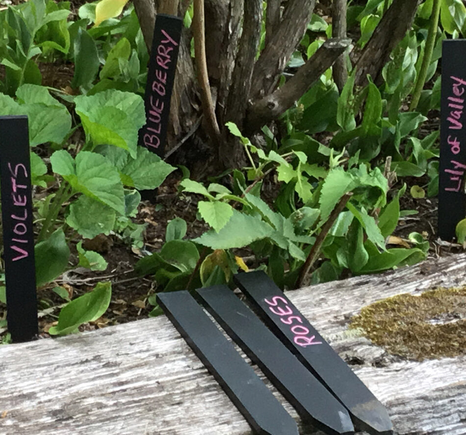 slate garden markers in garden