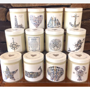 Pure soy Sea Love candles of designs created with heart rocks from the Maine coast
