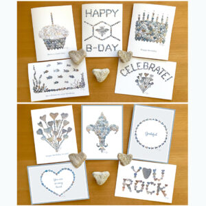 Note cards with art created with heart rocks from the Maine coast by Love Rocks Me